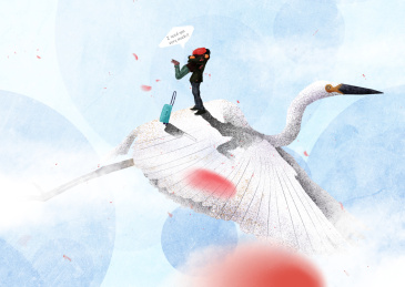 一对情侣在白鹭上拥抱，旁边还有一个行李箱