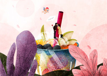 一对情侣在花簇后的水果茶上亲吻，旁边的爱神正准备将爱神之箭射向他们