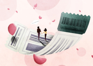 一对情侣手牵手漫步在电影票上