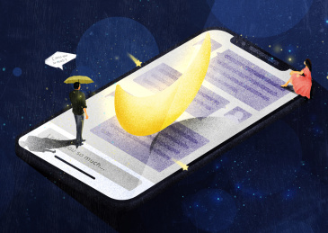 男性撑着伞在雨中，女性独自一人坐着。分隔两方的情侣在漆黑的夜晚中靠着手机维系着彼此