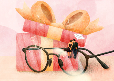 一对坐在眼镜上的情侣，身后是礼物盒