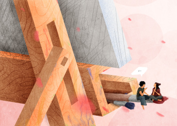 男孩与女孩坐在画架的画笔上聊天