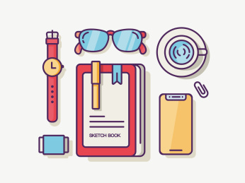 生活中笔眼镜杯子手机手表钢笔橡皮摆拍桌面矢量插画