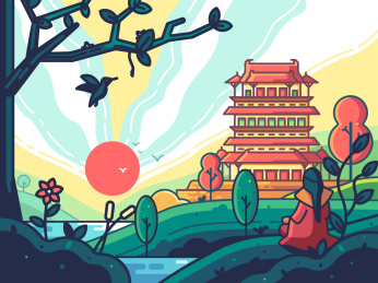 诗人在鹳雀楼门前欣赏太阳升起的景色