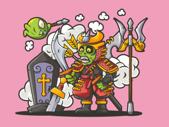 手拿刀剑的僵尸站在墓地旁边矢量插画