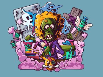 手拿试剂的化学僵尸正在研究东西矢量插画