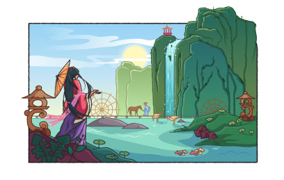 古代女子在河岸边望着远方手绘插画