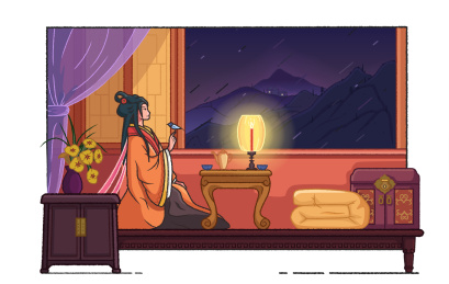 古代女子在床上看着窗外手绘插画