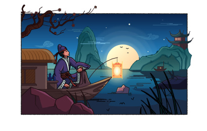 古代男子坐在船头赏月手绘插画