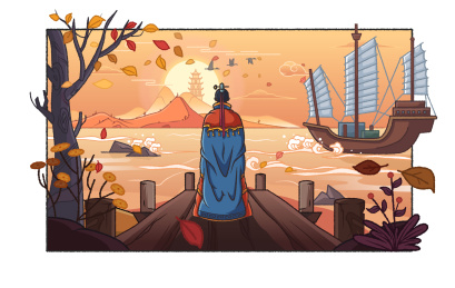 古代男子在河岸边等待货船手绘插画