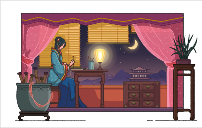 古代女子在灯前写信手绘插画