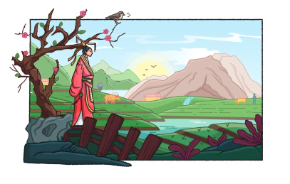 古代皇帝站在农田里望着远方手绘插画