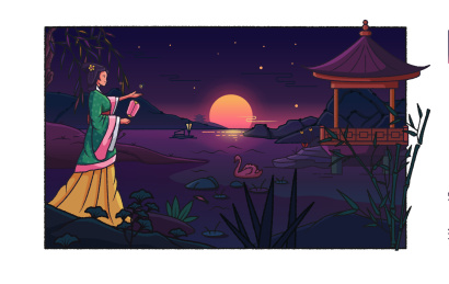 黑夜中古代女子在海边手拿扇子看着亭子手绘插画