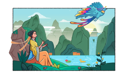 古代女子手拿笛子看着会飞的鸟儿手绘插画