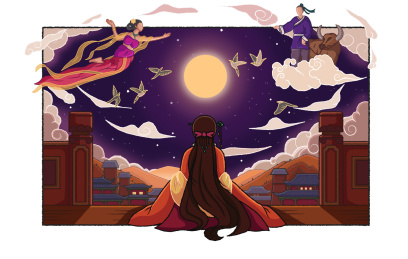 古代宫女坐在地上看天上的牛郎织女手绘插画