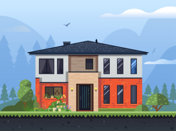 扁平风双层建筑住宅别墅自然风景插画