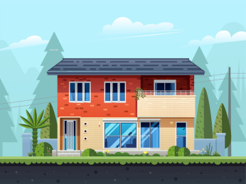 扁平风暖色双层建筑住宅别墅自然风景插画