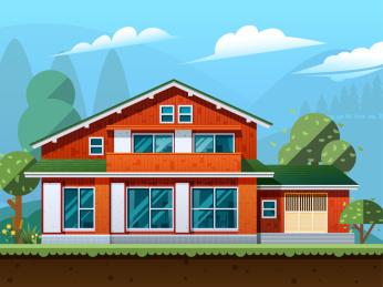 扁平风橙色木质双层建筑住宅自然风景插画