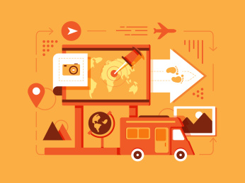 地图旅游地球仪车辆出发组合插画