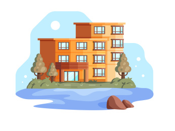 在湖边伫立的办公楼风景插画