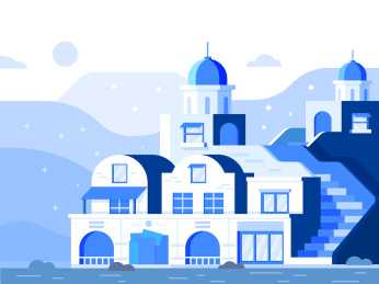 海边的蓝色滨海小镇风景插画设计