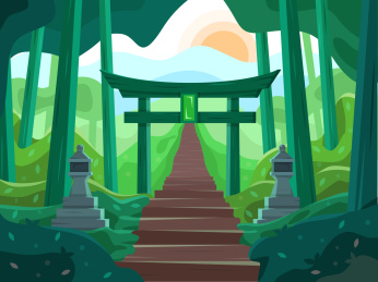 从山脚走上去在半山腰神社风景插画