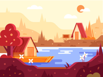 小船在湖面上停留的风景插画