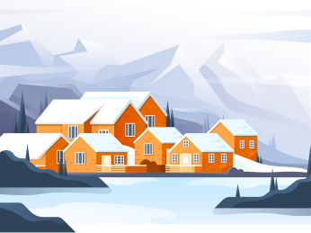 山峰雪山下的多房屋风景插画