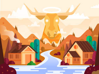 守护神笼罩的山区风景插画