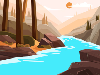 山林间流畅着一条小溪的风景插画