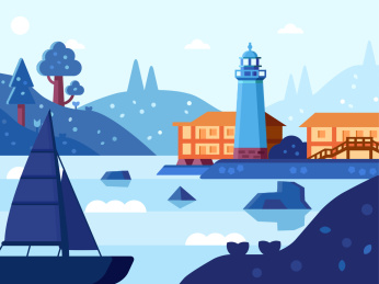 海岸边灯塔照亮船只矢量插画