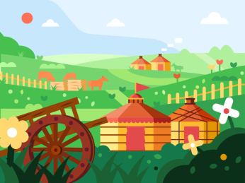 蒙古草原上的蒙古包风景矢量插画