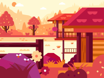 苗族吊脚楼民居风景矢量插画