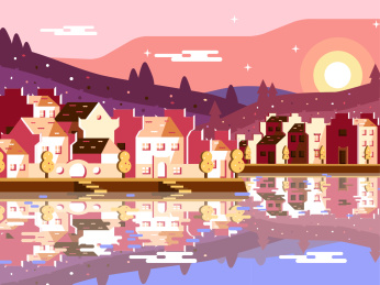 夕阳下徽派建筑群风景矢量插画