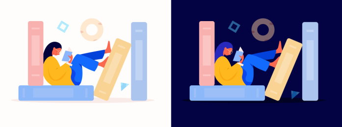 开学季女孩在书籍的海洋里阅读获取更多知识，矢量扁平潮流概念插画