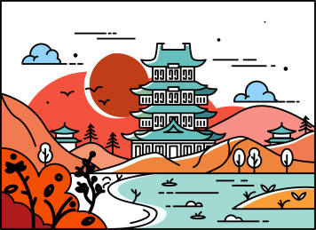 滕王阁夕阳西下风景矢量插画