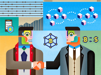 两位男士在商务洽谈中握手庆祝合作成功 背景是区块链和比特币