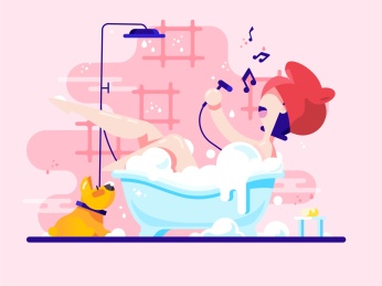 女孩在浴室洗澡唱歌宠物狗相伴