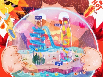 炎热的夏天小女孩抱着水上乐园球