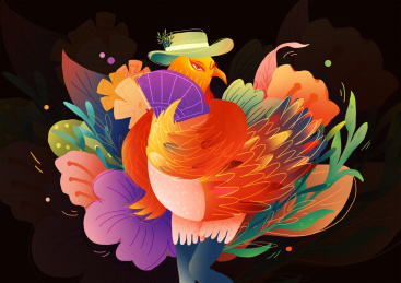 半遮面的金鸡站在百花前