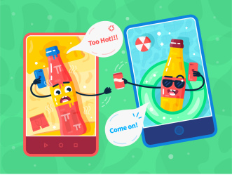 两个可乐瓶跨越手机屏幕传递可乐