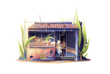 植物包裹下的老房子插画