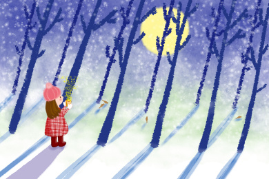 初雪的夜晚一个穿红格子衣的小女孩手捧着奶茶在树林里漫步