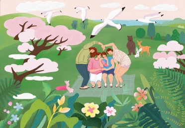 四个女孩在绿色的大草坪上野餐聚会