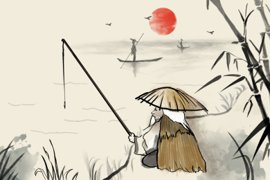 招聘商业插画姜太公钓鱼国画风格电脑绘图