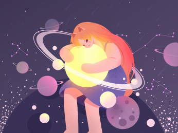 小女孩抱着发光的球在宇宙间穿梭星空围绕在她身边