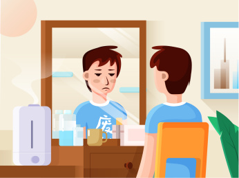 坐在镜子前照镜子的男生插画