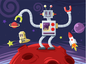 站在星球上在宇宙中采集资源的机器人