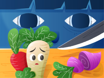 拿着刀切萝卜拟人插画设计