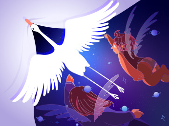 追逐白鹤在空中飞翔的孩子们天使与白鹤拉开夜幕